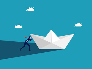 man pushed the paper boat to move. Businessman pushing business forward vector