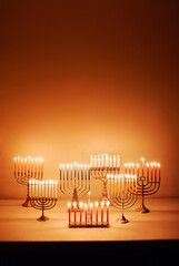 Group of Menorahs Lit for the Eighth Night of Hanukkah