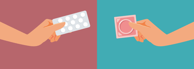 Hands Holding Birth Control Pills and a Condom Vector Illustration. Person choosing between contraceptive methods 
 - obrazy, fototapety, plakaty