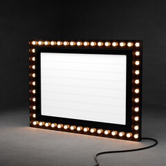 3d retro black signboard with glowing yellow light bulb . Concept of billboard design for cinema, casino, marquee or nightclub . 3d high quality render