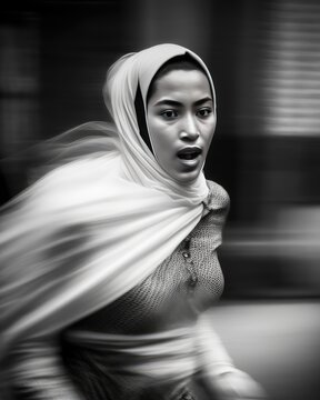 North African  young woman wearing a hijab running in the street of a North African city. Generative AI