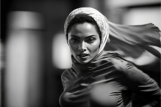 North African  young woman wearing a hijab running in the street of a North African city. Generative AI