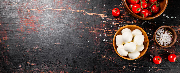 Mozzarella cheese with tomatoes and spices in bowls on the table.