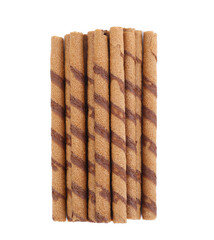 Heap of tasty wafer rolls isolated on white background