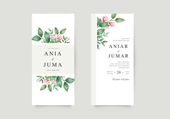 Beautiful wedding invitation card set with watercolor flowers and leaves