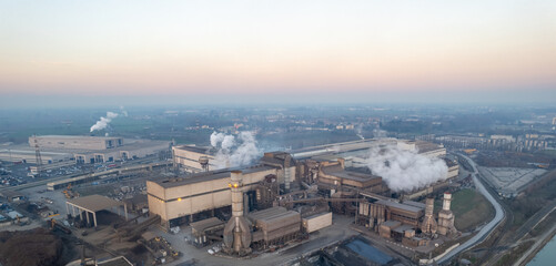 Cremona, Italy - January 2022 Drone aerial view of Arvedi steel plant, industrial zone in...