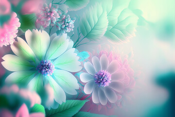Obraz premium Spring floral gradient background with iridescent surreal flowers, delicate pastel colors. Generative AI illustration