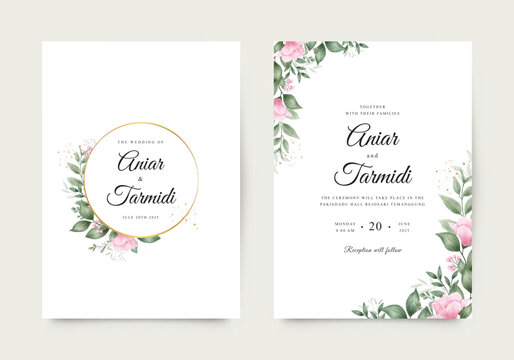 Beautiful wedding invitation with pink flowers and green leaves