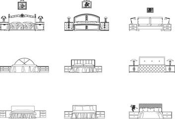 set of sketch vector illustration of minimalist classic bed interior