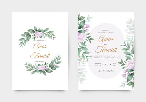 Beautiful wedding invitation with watercolor purple flowers