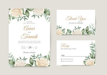 Elegant wedding invitation card with roses and green leaves