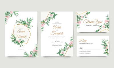 Wedding invitation card template set with flowers and leaves