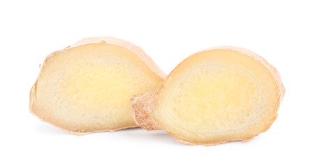 Fresh ginger slices isolated on white background