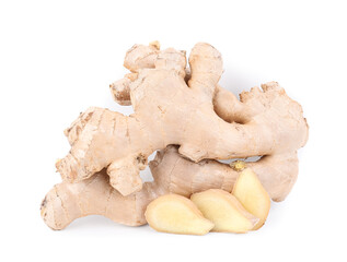 Fresh ginger roots on white background