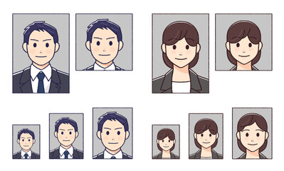 各種証明写真のイラストセット（スーツの女性と男性）