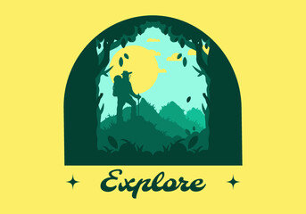 silhouette flat illustration of a mountain climber standing on top of a hill