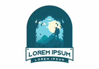 silhouette flat illustration of a mountain climber standing on top of a hill