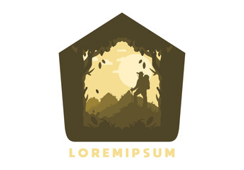 silhouette flat illustration of a mountain climber standing on top of a hill