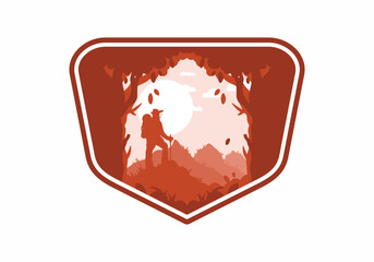 silhouette flat illustration of a mountain climber standing on top of a hill