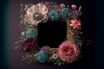 Banner with floral border, mixed flowers Generative AI