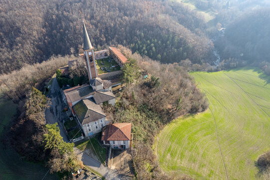 Drone view of Our Lady of Lourdes Grotto - Sperongia Parish - Morfasso, Piacenza, Emilia Romagna, Italy