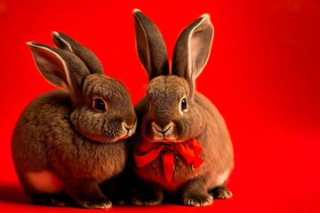 Fototapeta premium Symbol of the Year 2023 Funny rabbits with a red bow on a red background Generative AI