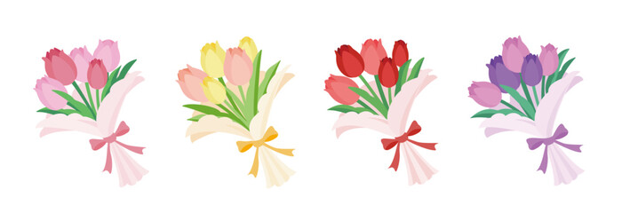 チューリップのブーケのカラーバリエーションのイラストセット