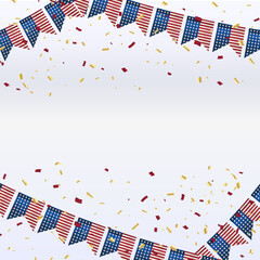 Obraz premium Decorative party flags with Confetti Falling. Vector flag garland for usa independence day. Party Background with Flags Vector Illustration. EPS10. July 4th theme paper garland on white background