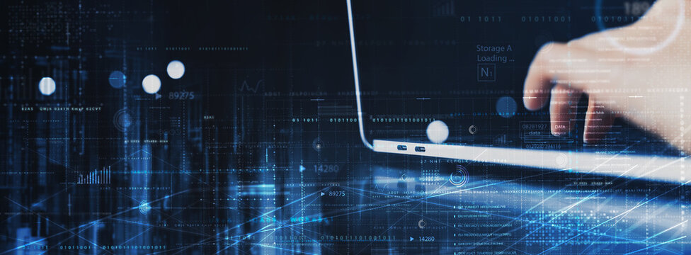 Data science, digital technology concept. Computer science engineer programming on laptop, working with big data processing, virtual modern computer, database, futuristic technology background.