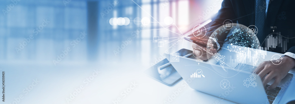 Poster business intelligence, businessman working on computer with global network connection and data analy