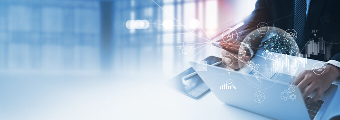 Business Intelligence, Businessman working on computer with global network connection and data analytics, Business strategy and development, digital marketing, Technology and global business