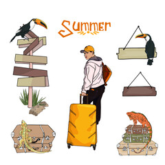 Young man with travel suitcase and backpack, toucan on signs, iguana on bags. Vector illustration isolated on white background. For printing packaging, cards, designers, clothes, interior, icon, logo © Anastasiia