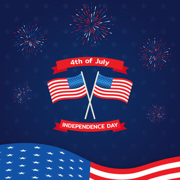  4th July Happy Independence day national holiday. Fireworks in USA flag colors. Vector illustration background. 4th July Happy Independence Day holiday with festive fireworks.