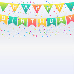 Happy birthday, banner. Celebrity party flags with confetti on white background and colorful Flags Garlands on white background. Party Background with Flags Vector Illustration. EPS 10 Vector 