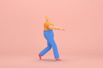 Fototapeta na wymiar The woman with golden hair tied in a bun wearing blue corduroy pants and Orange T-shirt with white stripes. She is walking. 3d rendering of cartoon character in acting.