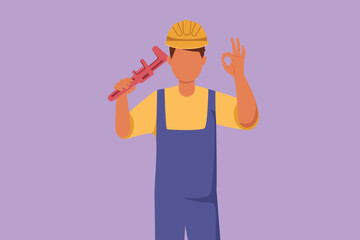 Cartoon flat style drawing male plumber holding monkey wrench and wear helmet with okay gesture, ready to work on repairing leaking drain in sink and houses drains. Graphic design vector illustration