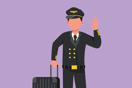 Graphic flat design drawing male pilot with okay gesture and full uniform is ready to fly with cabin crew with aircraft at airport. Airline travel or plane industry. Cartoon style vector illustration