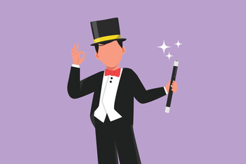 Character flat drawing male magician in tuxedo with okay gesture wearing hat and holding magic stick ready to entertain audience in circus show. Magical performance. Cartoon design vector illustration - obrazy, fototapety, plakaty