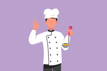 Graphic flat design drawing active male chef holding ladle with okay gesture and tasting delicious soup. Wearing uniform ready to cook food for guests in restaurant. Cartoon style vector illustration