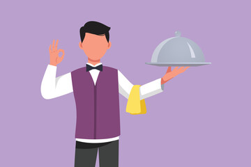 Character flat drawing polite male waiter holding tray of delicious meals with okay gesture serving customers in restaurant. Working hard to make guests feel happy. Cartoon design vector illustration