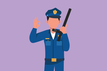 Obraz premium Graphic flat design drawing policeman holding police baton with okay gesture and in full uniform ready to enforce traffic discipline on highway. Male police on duty. Cartoon style vector illustration