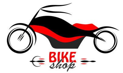 Black and red vector chopper motorbike with bike shop text. Simple logo, symbol flat illustration from side on white background