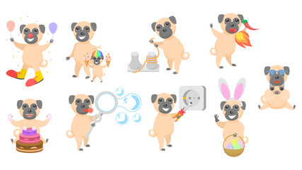 Naklejka premium Big Set Abstract Collection Flat Cartoon Different Animal Pug Dogs Puppy Vector Design Style Elements Fauna Wildlife