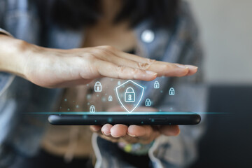 Network security privacy lock safe password. business security information system. Security protect icon over on smartphone in a hand woman.