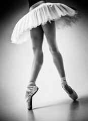 Fototapeta na wymiar photo of a ballerina's legs in pointes showing a pa during a performance