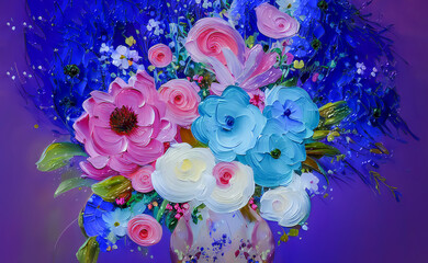 bouquet of colorful flowers in a vase on a purple background