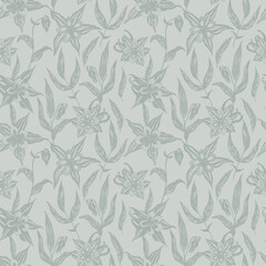Columbine flowers and leaves seamless pattern. Aquilegia monochrome floral fabric design. Hand drawn vector print.