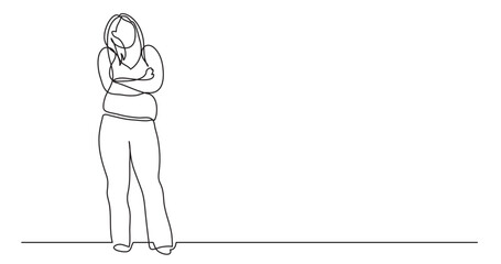 continuous line drawing vector illustration with FULLY EDITABLE STROKE of confident oversize woman in pants standing celebrating body positivity