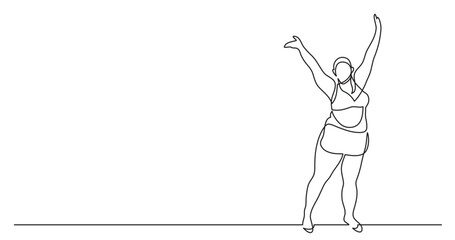 continuous line drawing vector illustration with FULLY EDITABLE STROKE of confident oversize woman in underwear standing celebrating body positivity