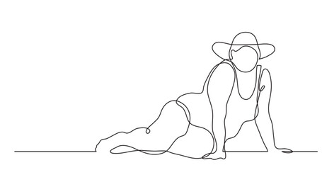 continuous line drawing vector illustration with FULLY EDITABLE STROKE of confident oversize woman lying on beach celebrating body positivity